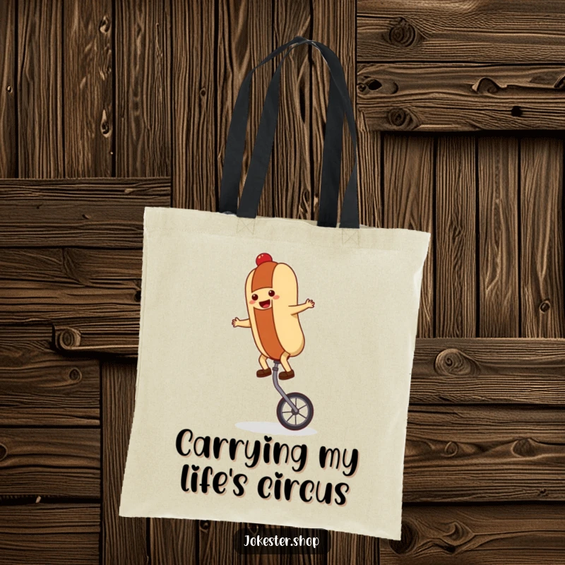 Funny hot dog character balancing on a unicycle, featured on a durable tote bag, a humorous and practical accessory.