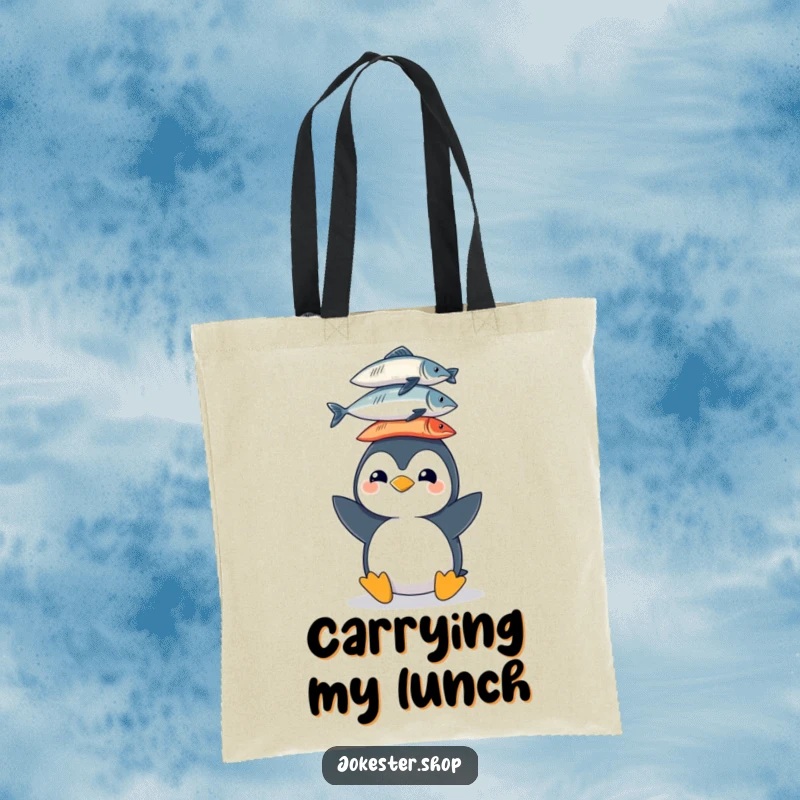 Funny tote bag showcasing a cheerful penguin character balancing a stack of fish on its head, perfect for carrying groceries with flair.