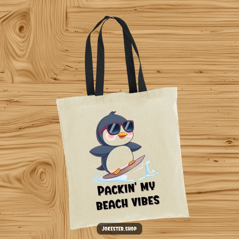 Funny tote bag illustrating a penguin in sunglasses surfing a small ice floe, a humorous and cool beach-themed design.