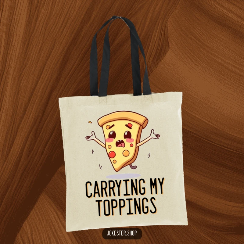 Funny tote bag with a startled slice of pizza and flailing arms, depicted mid-slide, perfect for carrying groceries or pizza night essentials.