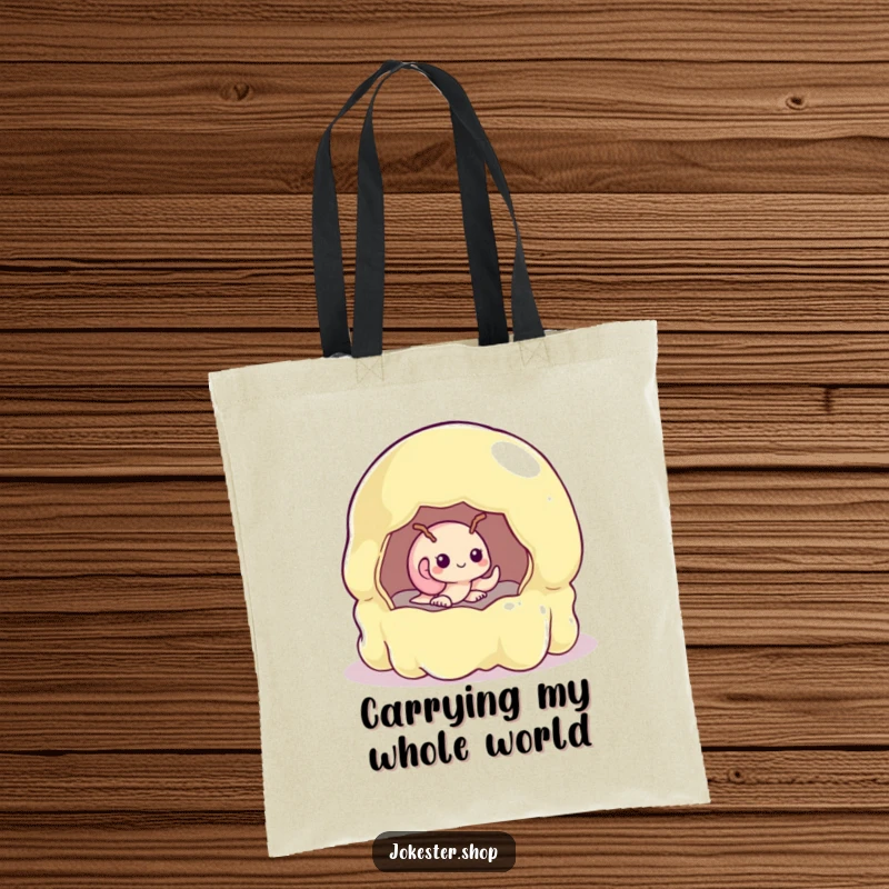 Funny snail shyly peering from a giant, unstable jelly mold on a durable, graphic tote bag.