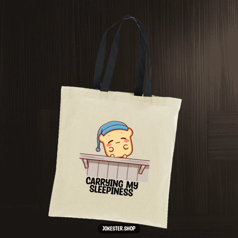Funny sleepy bread loaf wearing a nightcap, falling off a shelf, a durable tote bag for carrying items, showcasing funny sleepiness, a funny gift.