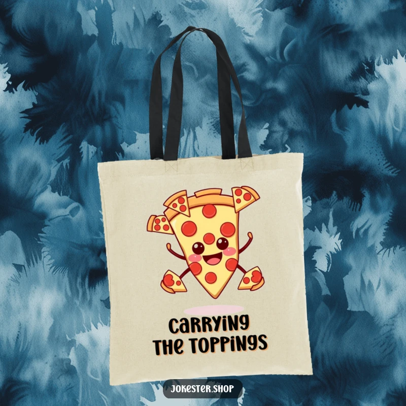 Funny pizza tote bag, smiling slice juggling pepperoni slices, a humorous and practical accessory for foodies.