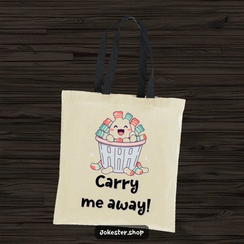 Funny tote bag illustrating a happy pile of socks breaking free from a laundry basket, a humorous take on laundry day struggles.