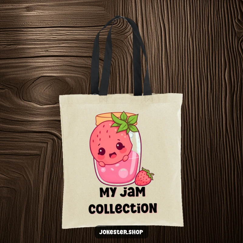 Funny cheerful strawberry stuck in a jam jar, looking surprised, a durable tote bag for carrying items, showcasing funny fruit predicaments, a funny gift.