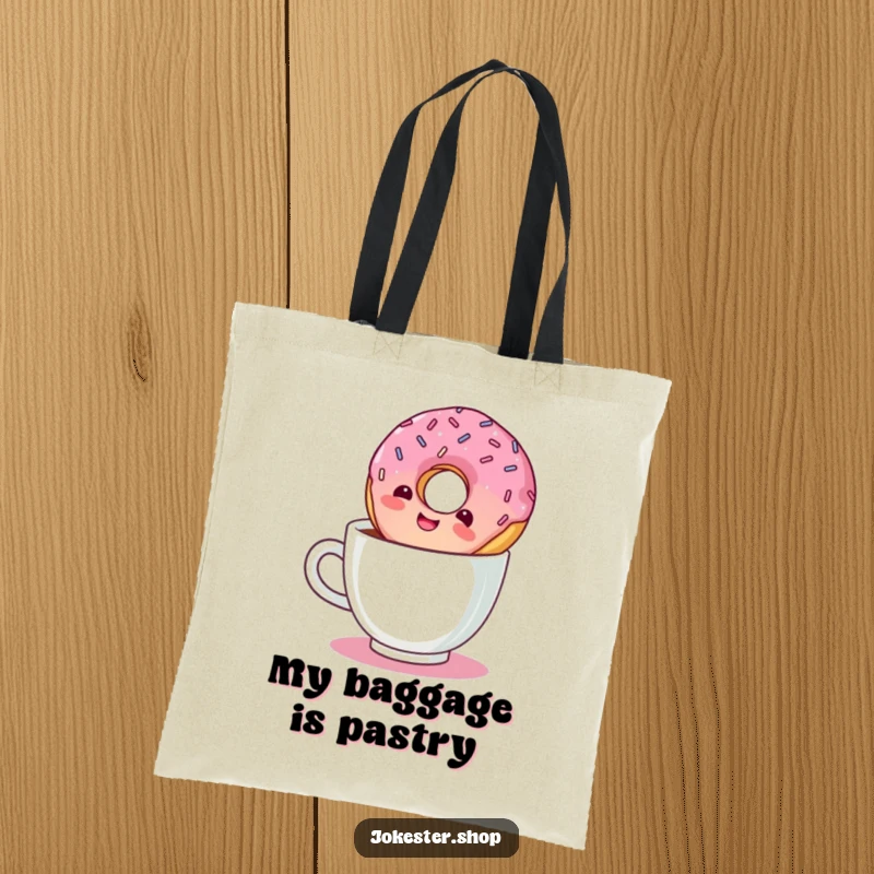 Funny tote bag illustration of a giggling donut with sprinkles floating upside down in a coffee cup.