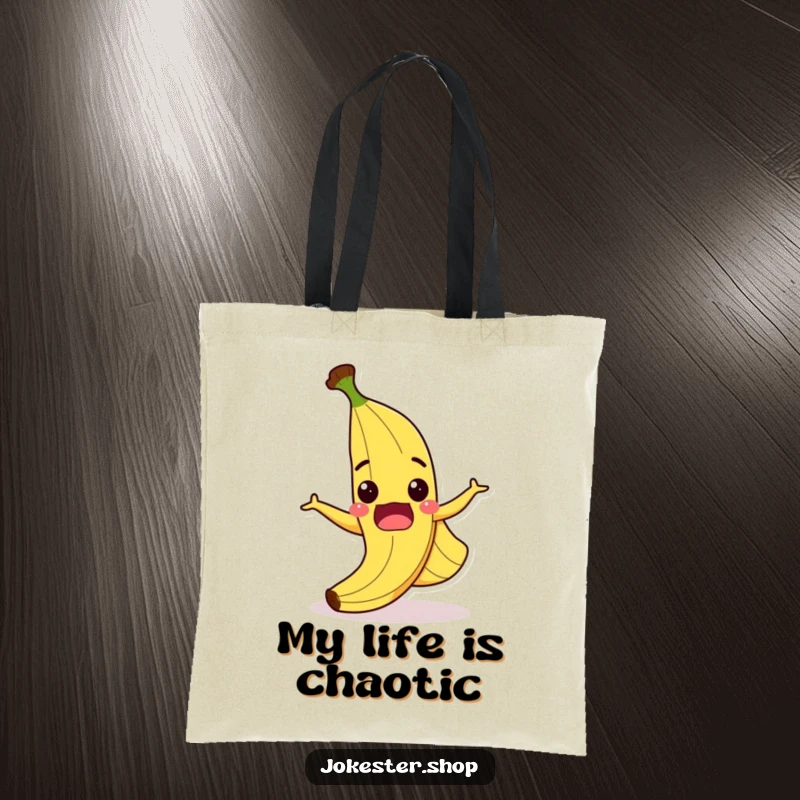 Funny tote bag showcasing a surprised cartoon banana peel slipping comically, grinning, perfect for stylish, humorous carrying.
